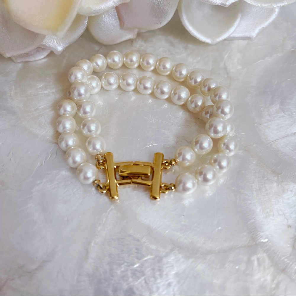 Vintage Faux Pearl Double Strand Bracelet 6.5” Bridal Wedding